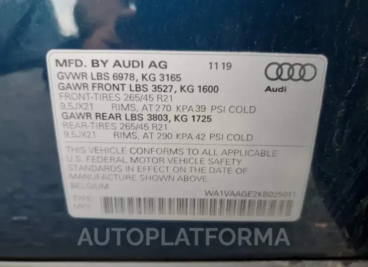 AUDI E-TRON PRE 2019 vin WA1VAAGE2KB025011 from auto auction Copart