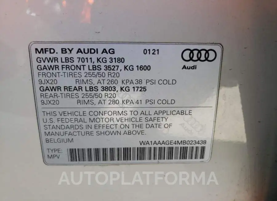 AUDI E-TRON PRE 2021 vin WA1AAAGE4MB023438 from auto auction Copart