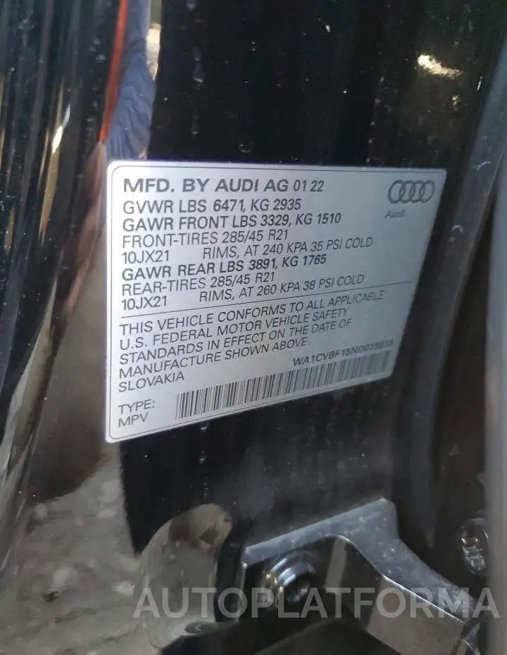 AUDI Q8 PRESTIG 2022 vin WA1CVBF15ND015615 from auto auction Copart