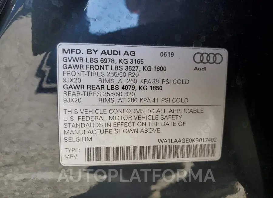 AUDI E-TRON PRE 2019 vin WA1LAAGE0KB017402 from auto auction Copart