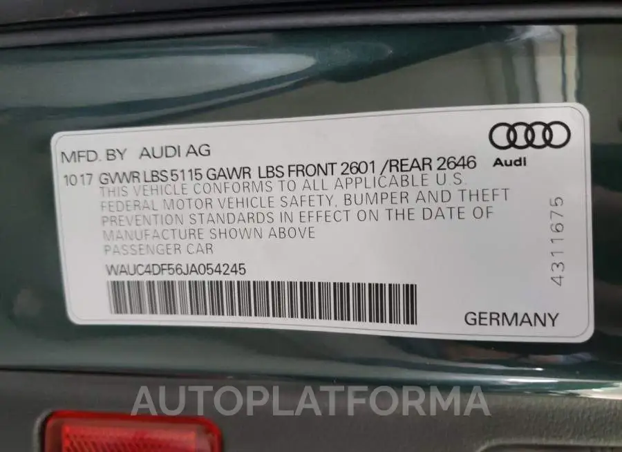 AUDI S5 PRESTIG 2018 vin WAUC4DF56JA054245 from auto auction Copart