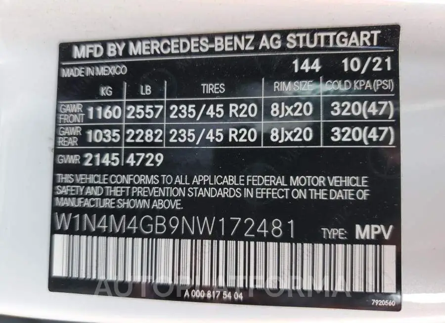 MERCEDES-BENZ GLB 250 2022 vin W1N4M4GB9NW172481 from auto auction Copart