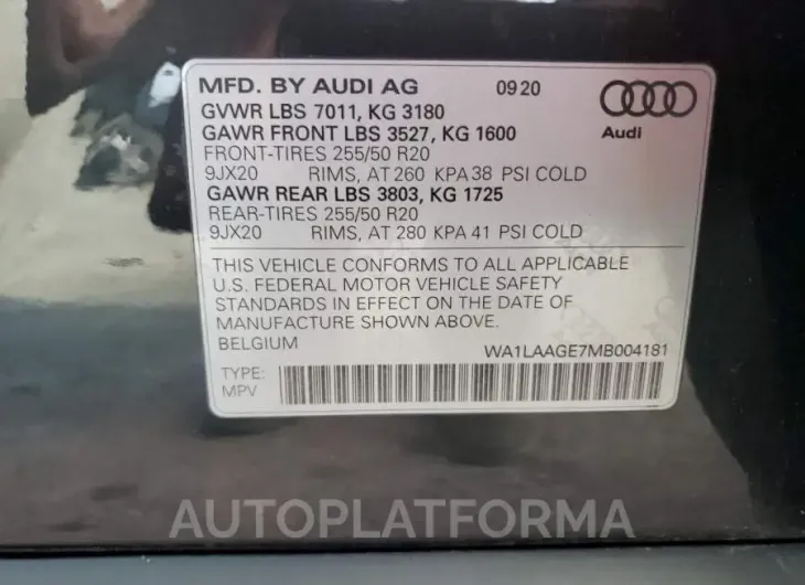 AUDI E-TRON PRE 2021 vin WA1LAAGE7MB004181 from auto auction Copart