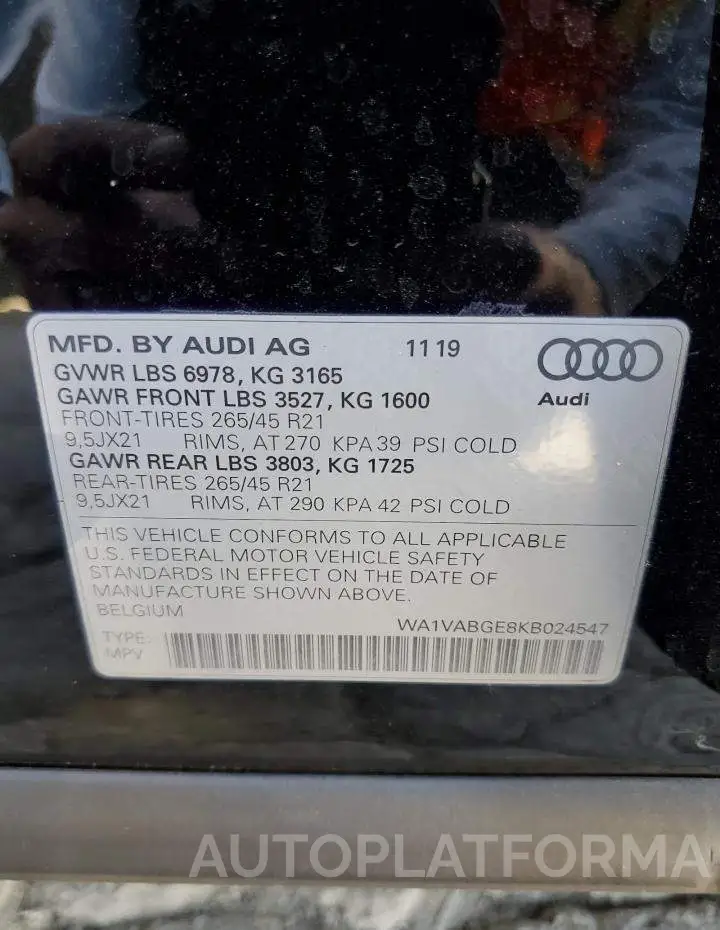 AUDI E-TRON PRE 2019 vin WA1VABGE8KB024547 from auto auction Copart