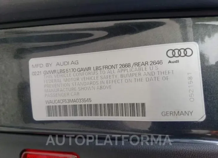 AUDI S5 PREMIUM 2021 vin WAUC4CF53MA033545 from auto auction Copart