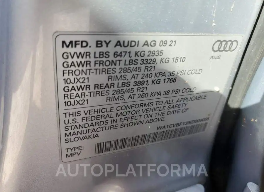 AUDI Q8 PRESTIG 2022 vin WA1CVBF13ND006055 from auto auction Copart