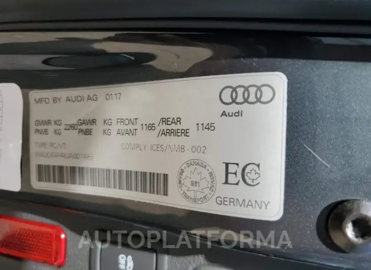 AUDI S4 PRESTIG 2018 vin WAUC4AF46JA001485 from auto auction Copart