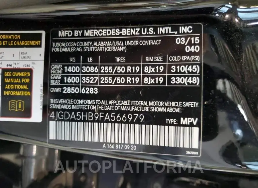 MERCEDES-BENZ ML 350 4MA 2015 vin 4JGDA5HB9FA566979 from auto auction Copart