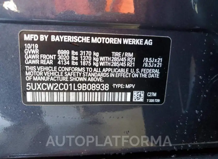 BMW X7 XDRIVE4 2020 vin 5UXCW2C01L9B08938 from auto auction Copart