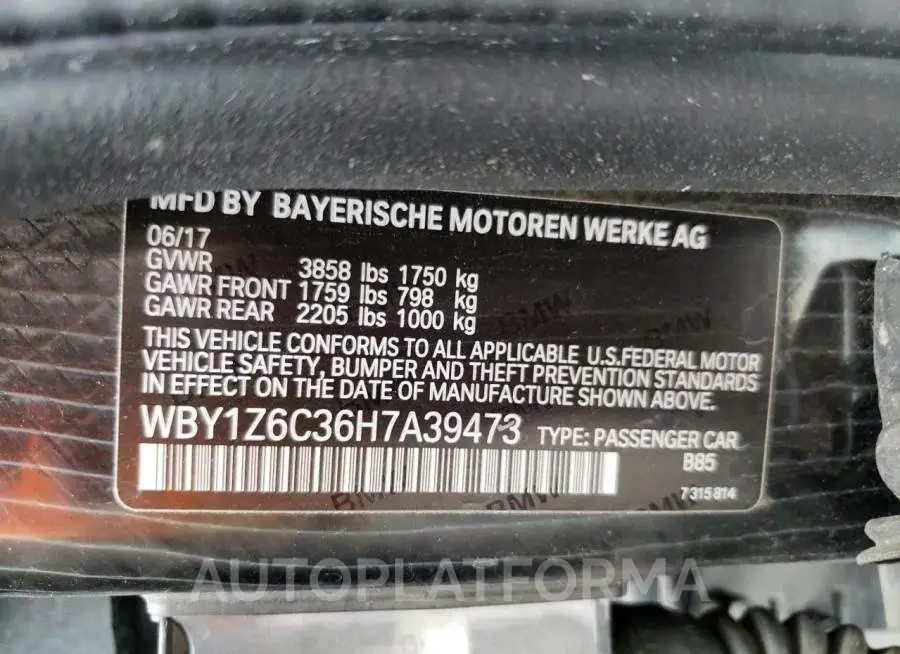 BMW I3 BEV 2017 vin WBY1Z6C36H7A39473 from auto auction Copart