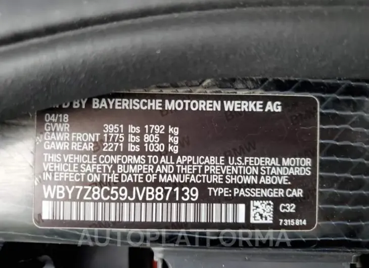 BMW I3 S REX 2018 vin WBY7Z8C59JVB87139 from auto auction Copart