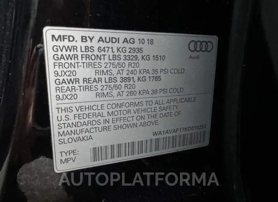 AUDI Q8 PREMIUM 2019 vin WA1AVAF17KD010252 from auto auction Copart