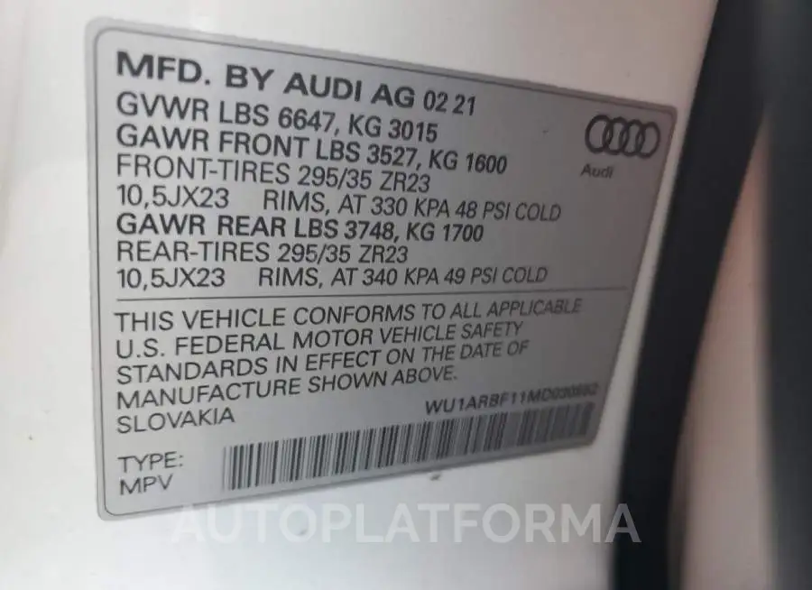 AUDI RS Q8 2021 vin WU1ARBF11MD030552 from auto auction Copart