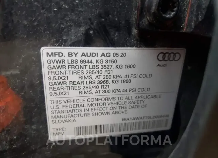 AUDI SQ7 PREMIU 2020 vin WA1AWAF70LD009446 from auto auction Copart