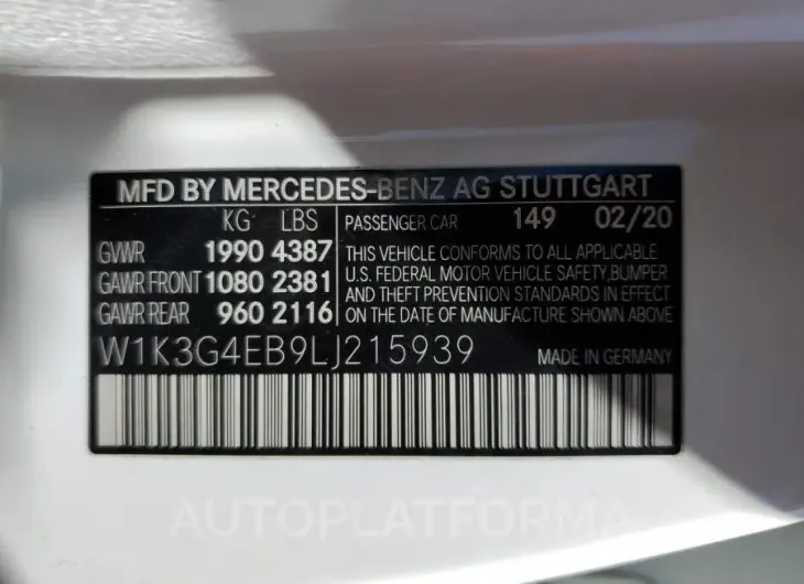 MERCEDES-BENZ A 220 2020 vin W1K3G4EB9LJ215939 from auto auction Copart