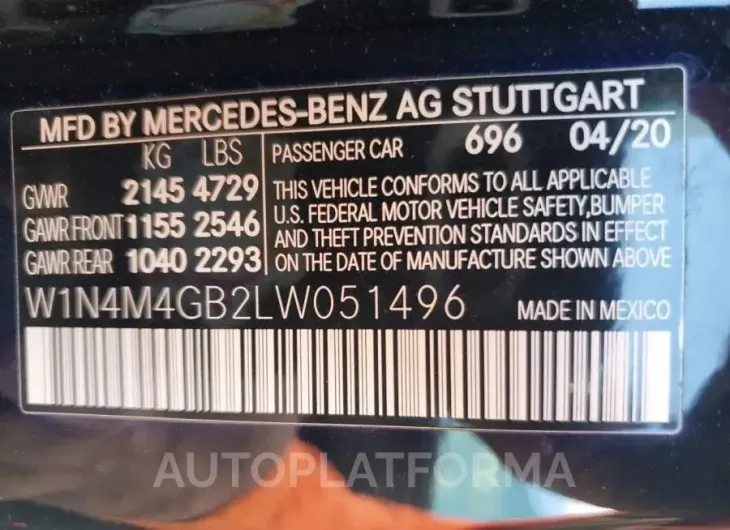 MERCEDES-BENZ GLB 250 2020 vin W1N4M4GB2LW051496 from auto auction Copart