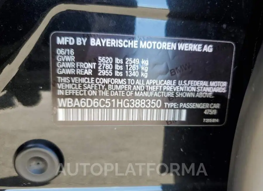 BMW 650 XI GRA 2017 vin WBA6D6C51HG388350 from auto auction Copart