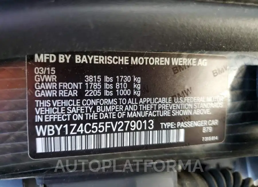 BMW I3 REX 2015 vin WBY1Z4C55FV279013 from auto auction Copart