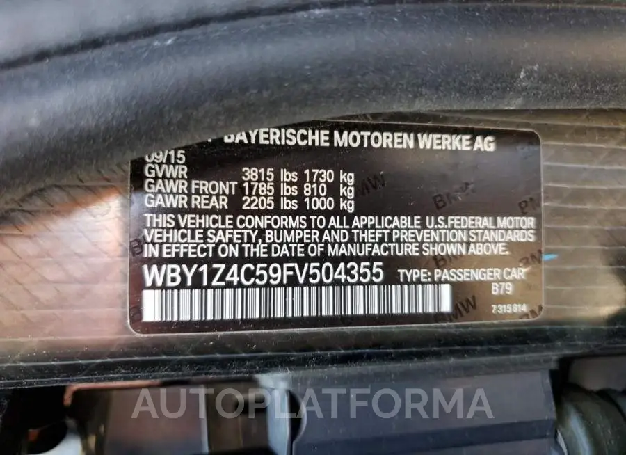 BMW I3 REX 2015 vin WBY1Z4C59FV504355 from auto auction Copart