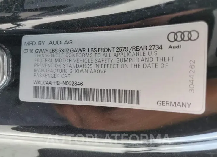 AUDI S5 2017 vin WAUC4AFH9HN002846 from auto auction Copart