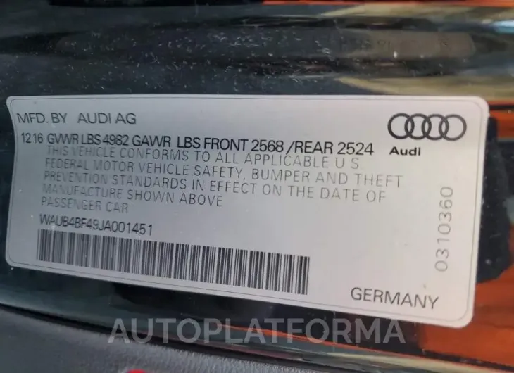 AUDI S4 PREMIUM 2018 vin WAUB4BF49JA001451 from auto auction Copart