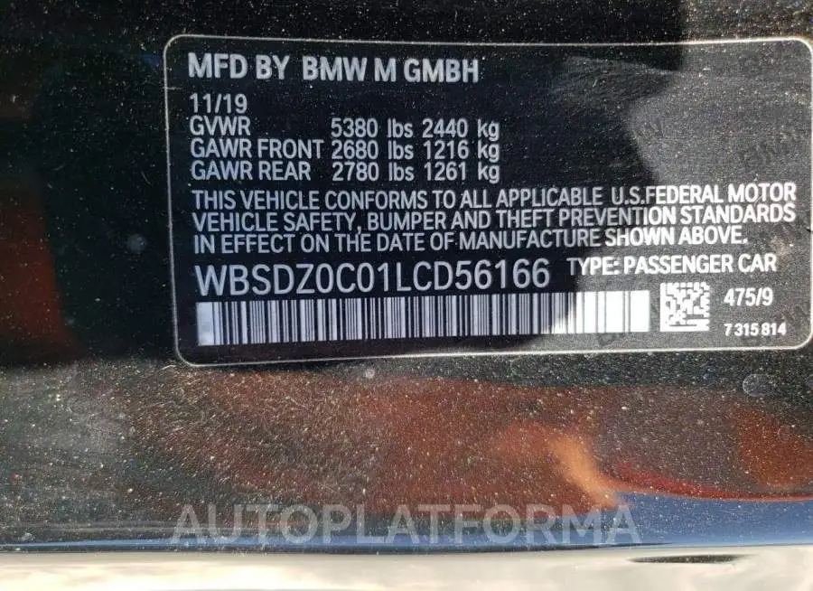 BMW M8 2020 vin WBSDZ0C01LCD56166 from auto auction Copart