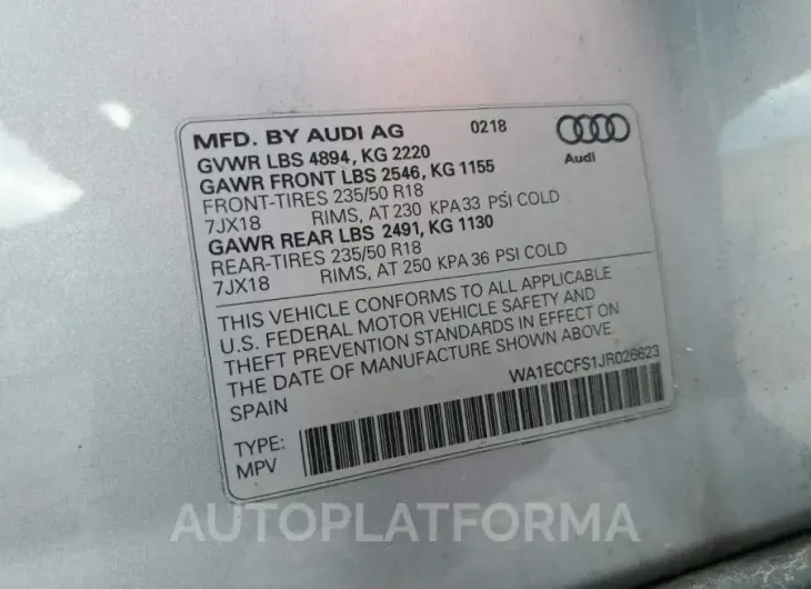 AUDI Q3 PREMIUM 2018 vin WA1ECCFS1JR026623 from auto auction Copart