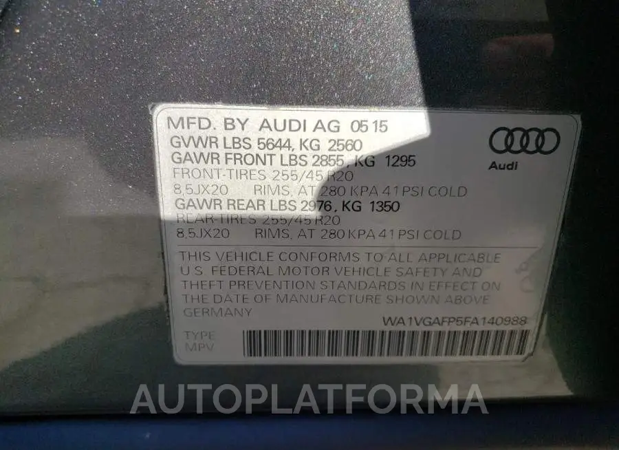 AUDI SQ5 PRESTI 2015 vin WA1VGAFP5FA140988 from auto auction Copart