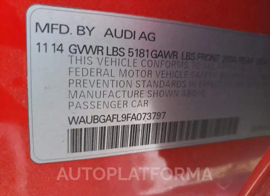 AUDI S4 PREMIUM 2015 vin WAUBGAFL9FA073797 from auto auction Copart