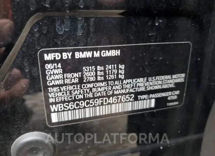 BMW M6 GRAN CO 2015 vin WBS6C9C59FD467652 from auto auction Copart