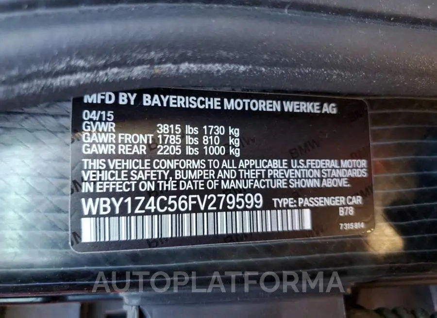 BMW I3 REX 2015 vin WBY1Z4C56FV279599 from auto auction Copart