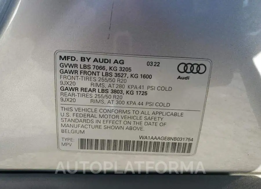 AUDI E-TRON PRE 2022 vin WA1AAAGE8NB031754 from auto auction Copart