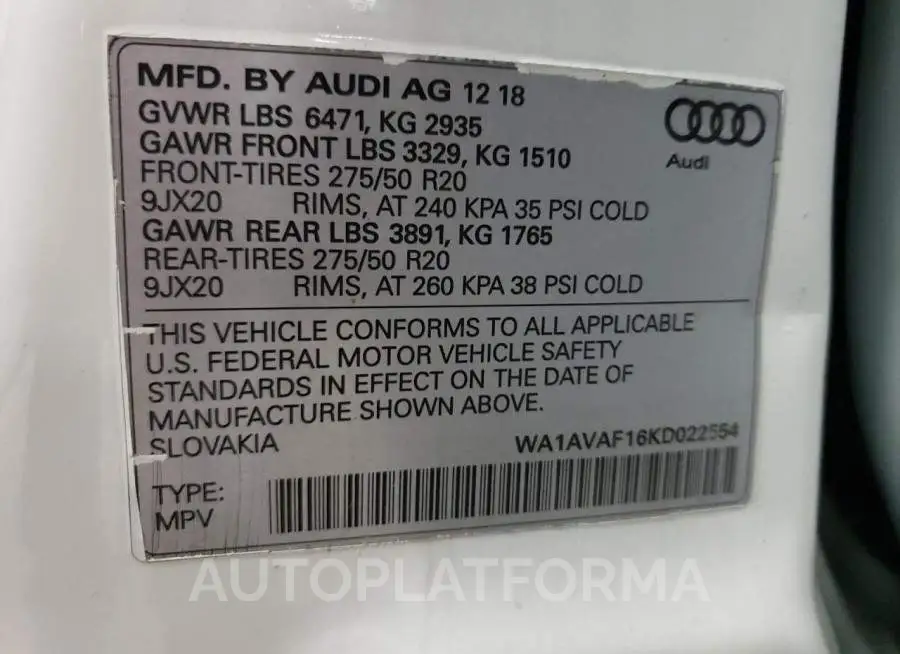 AUDI Q8 PREMIUM 2019 vin WA1AVAF16KD022554 from auto auction Copart