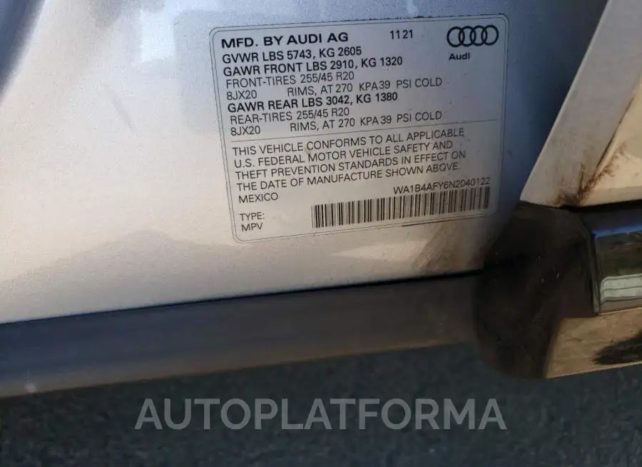 AUDI SQ5 PREMIU 2022 vin WA1B4AFY6N2040122 from auto auction Copart