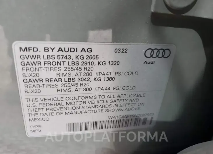 AUDI SQ5 PRESTI 2022 vin WA1C4AFY9N2087973 from auto auction Copart