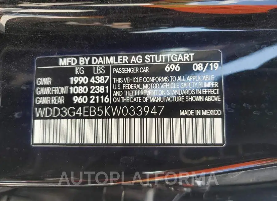 MERCEDES-BENZ A 220 2019 vin WDD3G4EB5KW033947 from auto auction Copart