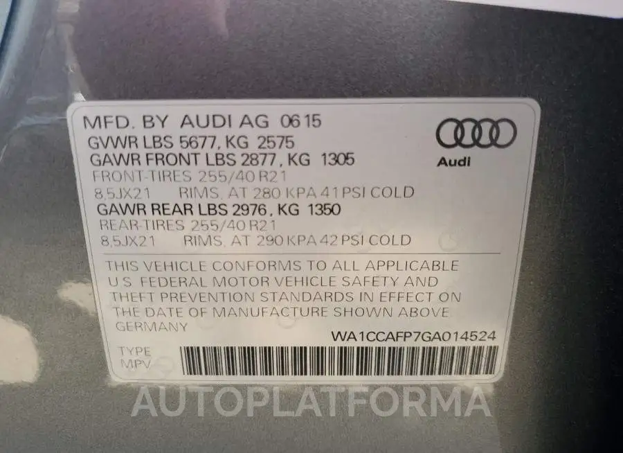 AUDI SQ5 PREMIU 2016 vin WA1CCAFP7GA014524 from auto auction Copart