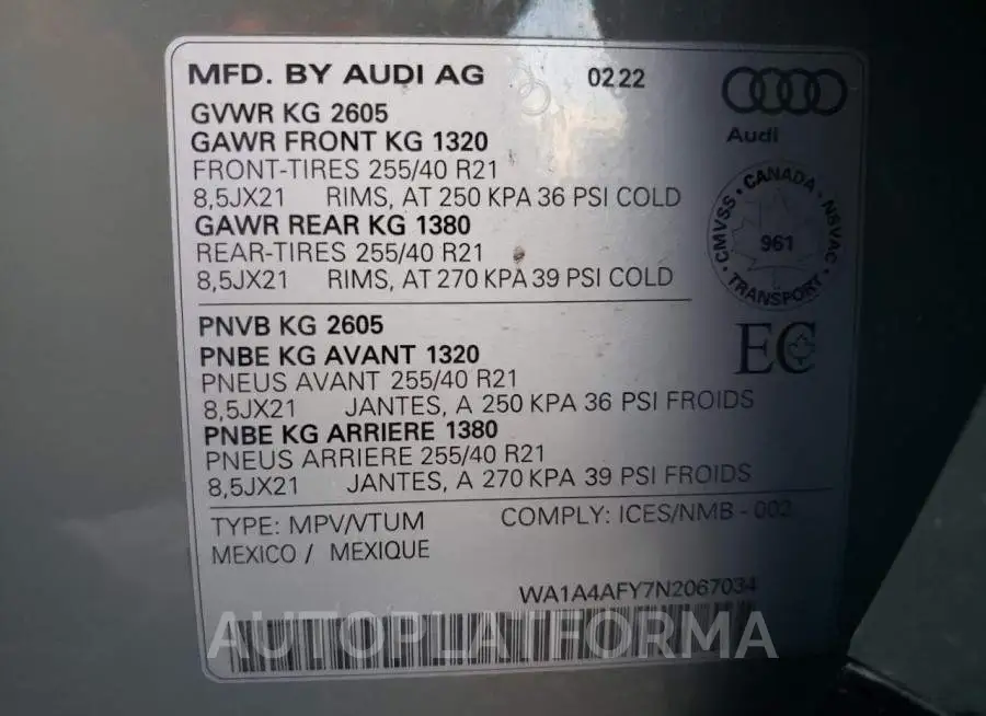 AUDI SQ5 PREMIU 2022 vin WA1A4AFY7N2067034 from auto auction Copart