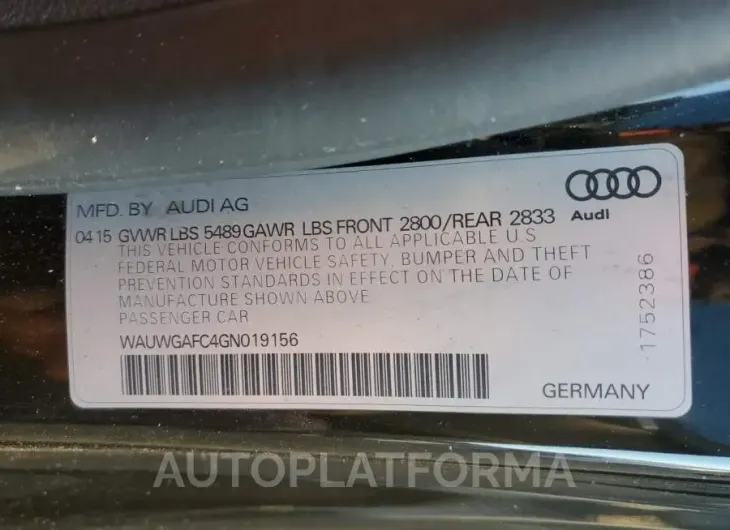 AUDI A7 PREMIUM 2016 vin WAUWGAFC4GN019156 from auto auction Copart