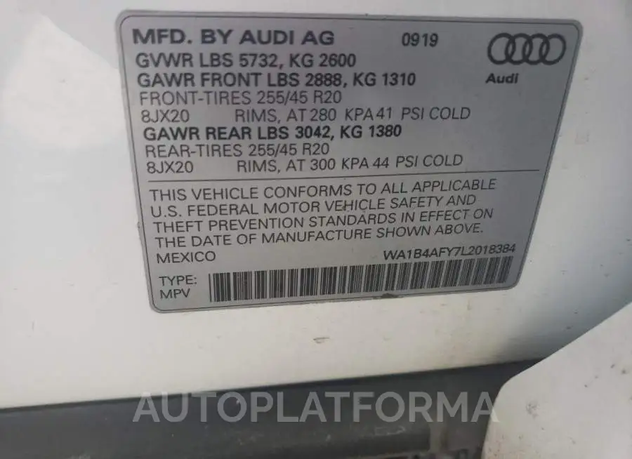 AUDI SQ5 PREMIU 2020 vin WA1B4AFY7L2018384 from auto auction Copart