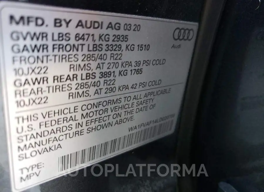 AUDI Q8 PRESTIG 2020 vin WA1FVAF14LD020759 from auto auction Copart