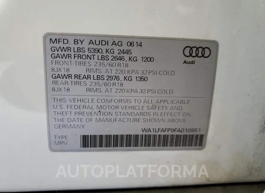 AUDI Q5 PREMIUM 2015 vin WA1LFAFP9FA010951 from auto auction Copart