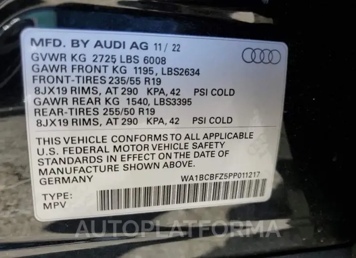 AUDI Q4 E-TRON 2023 vin WA1BCBFZ5PP011217 from auto auction Copart