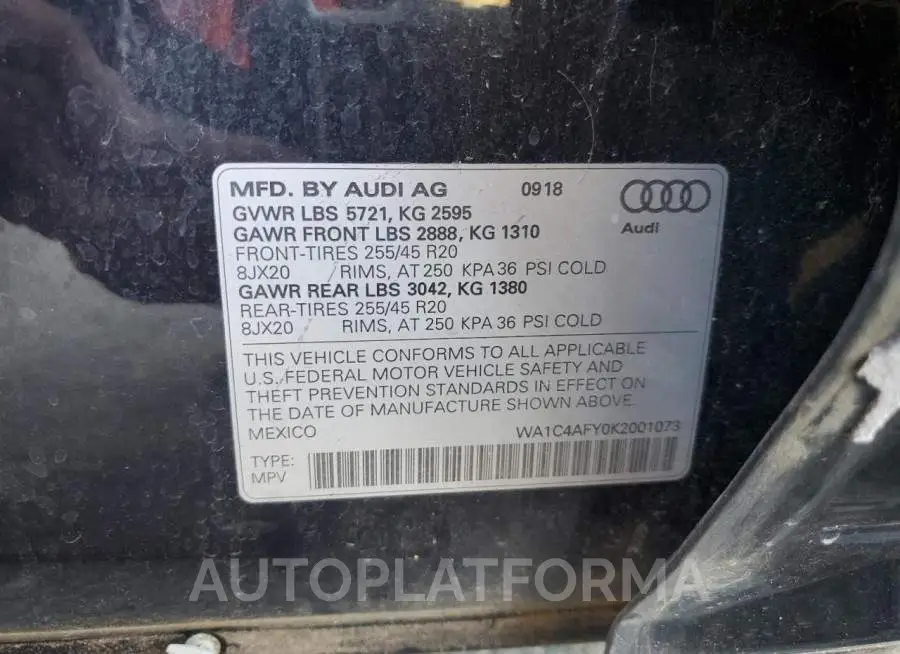 AUDI SQ5 PRESTI 2019 vin WA1C4AFY0K2001073 from auto auction Copart