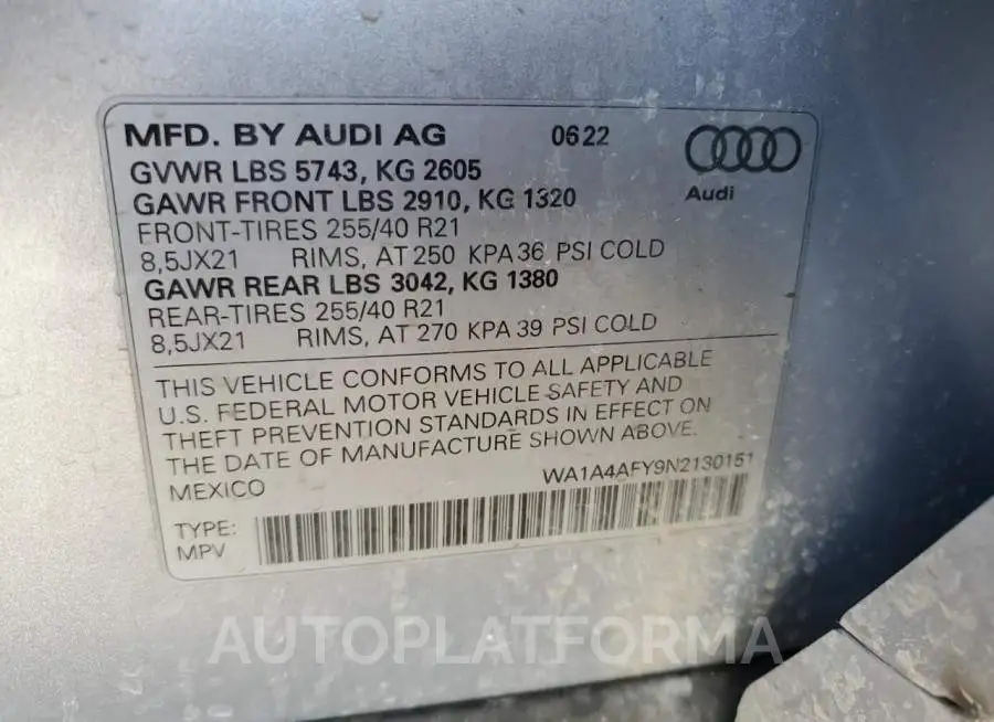 AUDI SQ5 PREMIU 2022 vin WA1A4AFY9N2130151 from auto auction Copart