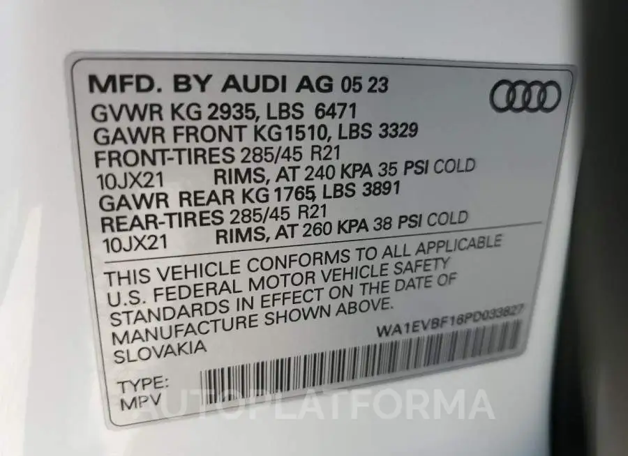 AUDI Q8 PREMIUM 2023 vin WA1EVBF16PD033827 from auto auction Copart