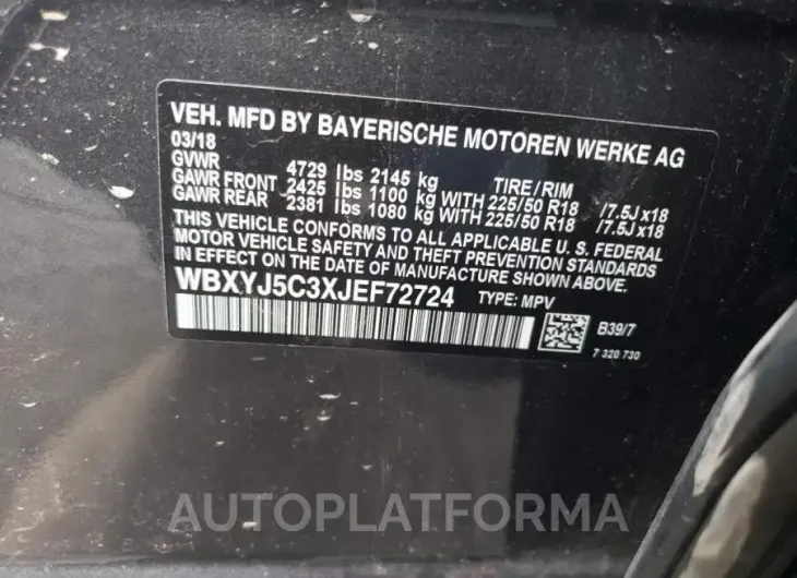 BMW X2 XDRIVE2 2018 vin WBXYJ5C3XJEF72724 from auto auction Copart