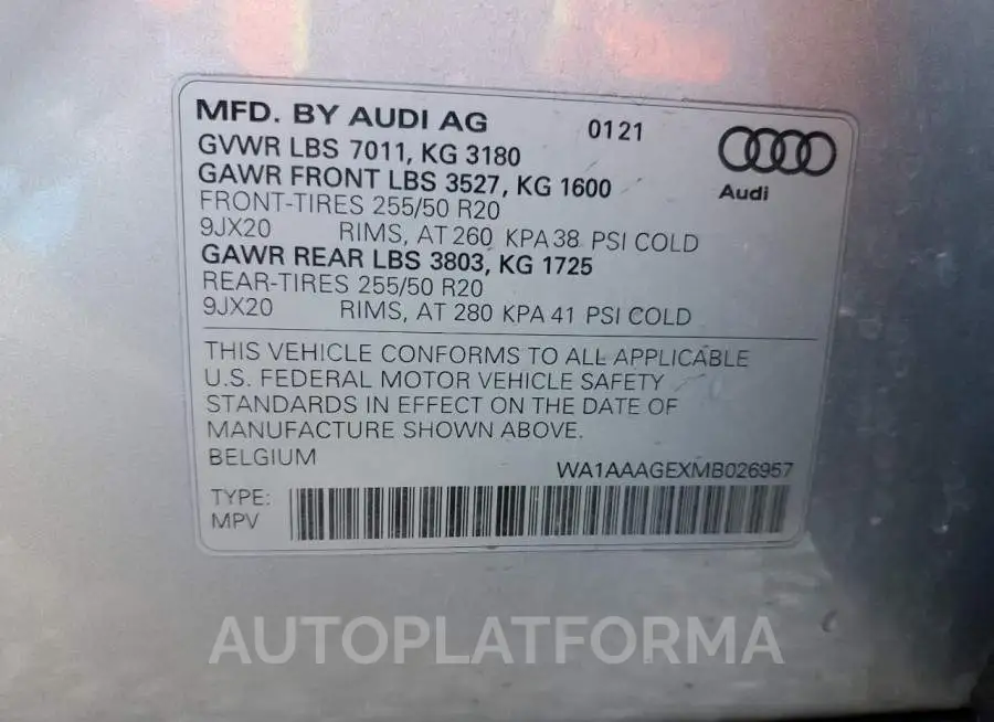 AUDI E-TRON PRE 2021 vin WA1AAAGEXMB026957 from auto auction Copart