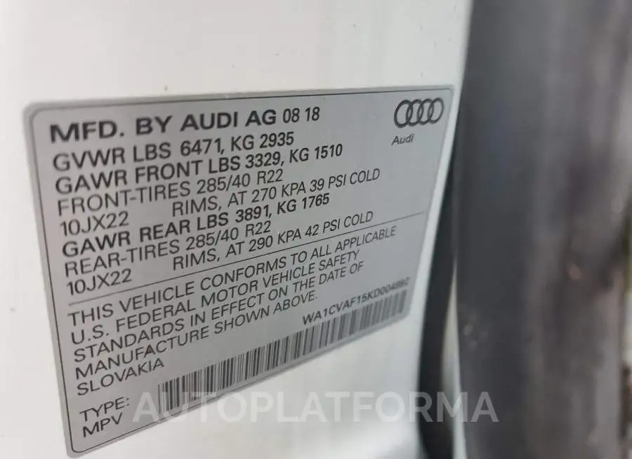 AUDI Q8 PRESTIG 2019 vin WA1CVAF15KD004992 from auto auction Copart