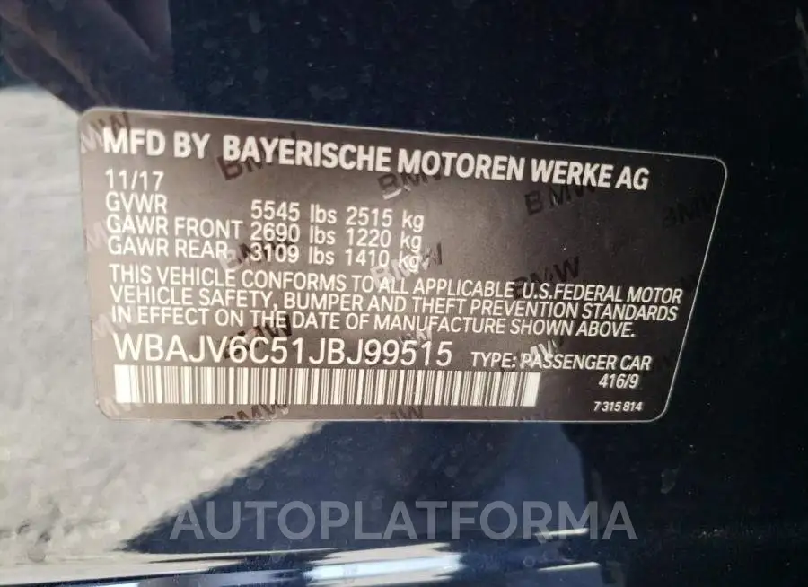 BMW 640 XIGT 2018 vin WBAJV6C51JBJ99515 from auto auction Copart